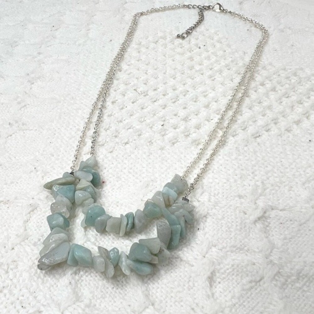 Handmade Amazonite Chip Necklace Dainty Beaded Gemstone Silver Plated Layered